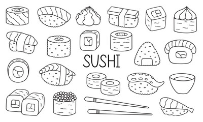 Sushi and rolls doodle set. Japanese food in sketch style. Hand drawn vector illustration isolated on white background