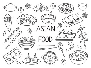 Asian food doodle set. Asian cuisine in sketch style. Hand drawn vector illustration isolated on white background