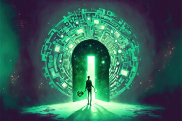 mysterious green glowing door with a keyhole