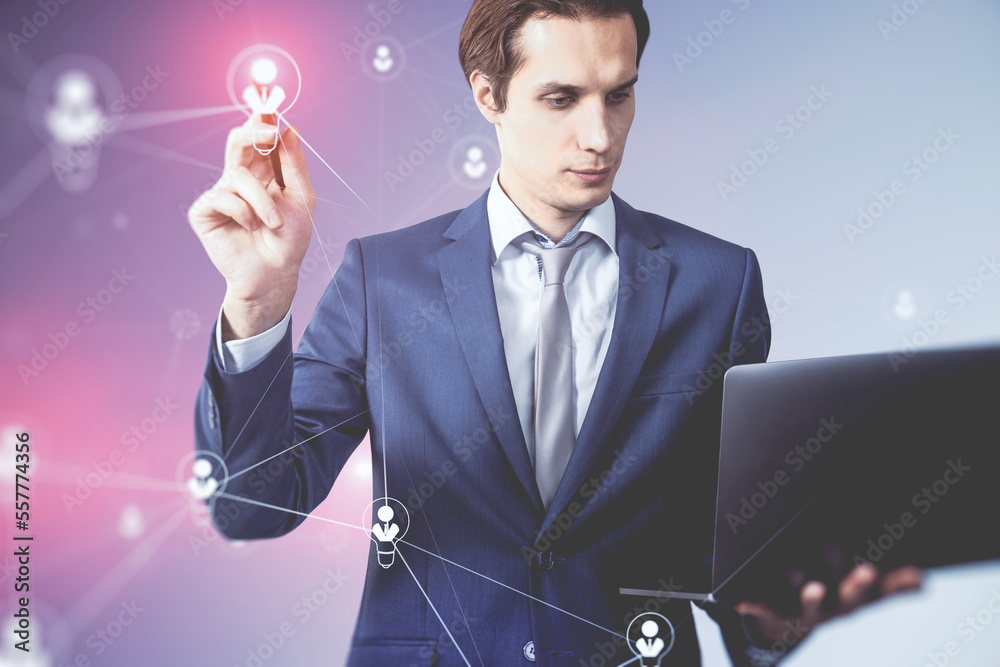 Aufkleber Cyber and social network concept with businessman looking at laptop screen and using stilus working with digital user symbols connected by lines on virtual touch screen on abstract background