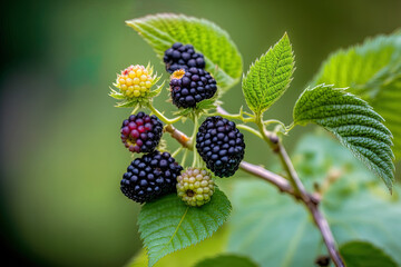 Blackberries in season in the garden. a branch with green leaves holding a cluster of juicy blackberry berries. Stunning natural setting. Generative AI
