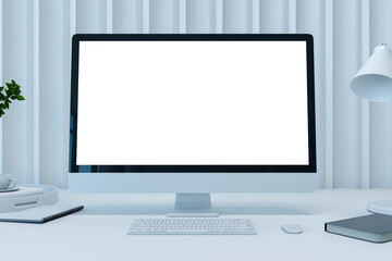 Front view on blank white modern computer monitor with place for your logo or text on light shadows wall background. 3D rendering, mockup