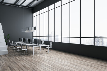 Perspective view on stylish minimalistic interior design open space office with modern computers on light table on city view background from window, white stairway and wooden floor. 3D rendering