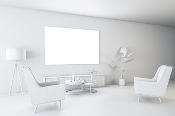 Perspective view on blank white TV screen with place for your logo or text on light wall background in total white living room with coffee table and vintage style armchairs. 3D rendering, mockup