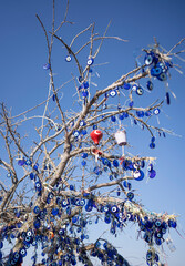 Nazar amulet from the evil eye on a tree in Cappadocia in Turkey