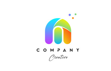 Colored M alphabet letter logo icon design. Yellow blue green color with dots. Colorful creative template for company and business