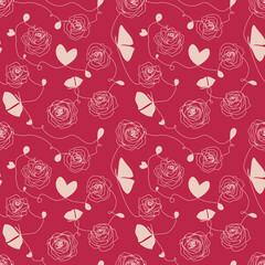 One line drawing abstract contemporary art. Modern seamless pattern with roses and butterflies