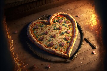 delicious heart shaped pizza with fresh basil tomatoes and cheese for a romantic valentines card for pizza lovers, generative ai
