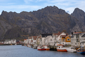 Scenic view of the waterfront harbor in Henningsvaer, Lofoten Islands, Norway