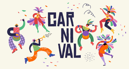 Happy Carnival, Brazil, South America Carnival with samba dancers and musicians. Festival and Circus event design with funny artists, dancers, musicians and clowns. Colorful background with splashes