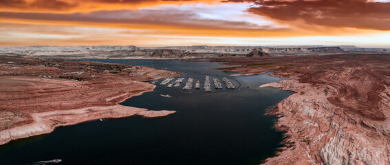 Aerial top view of lake Powell and Glen Canyon in Arizona. Lake Powell National Park Landscape.