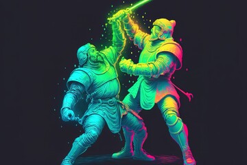 Obraz na płótnie Canvas Neon medieval knights are fighting