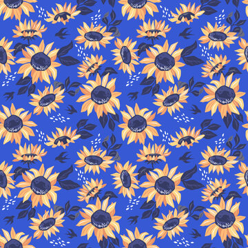 Sunflowers and swallows, seamless pattern with hand drawn illustrations