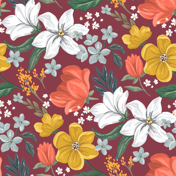 Red, yellow Tulips, white Lilies flowers. Seamless pattern with vector Hand drawn digital illustrations with floral theme