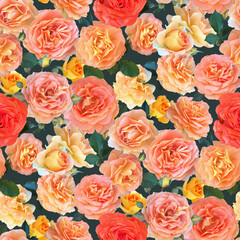 Seamless pattern with blooming pink and yellow roses.