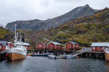 Nusfjord, a small fishing village with rorbuers in Lofoten, Norway.
