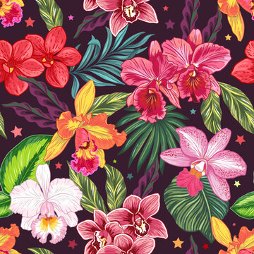 Wild orchids in the jungle forest. Seamless pattern with hand drawn illustrations with tropical theme © Hanna Symonovych