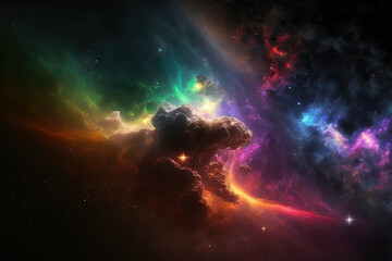 On a dark background, there is multicolored fractal nebula dust. Generative AI