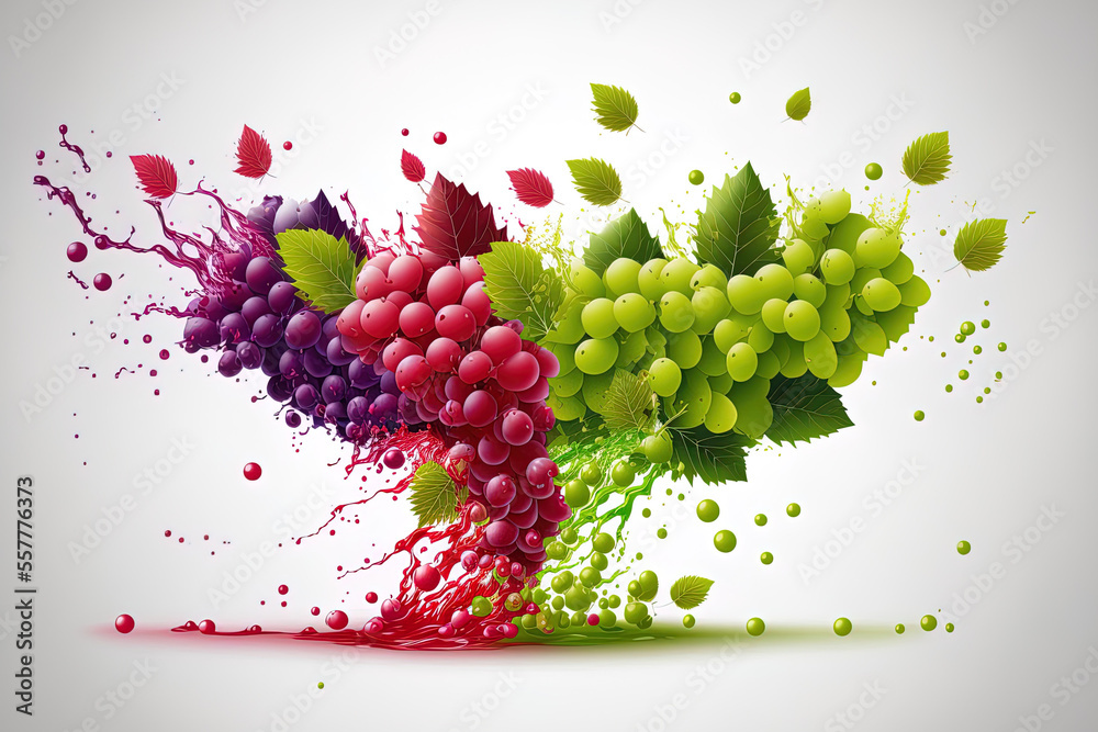 Poster realistic red and white grape juice splash. pink and green table grapes in a wine splash. . generati