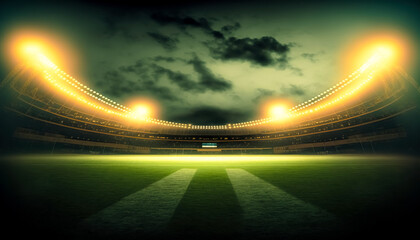 Fototapeta na wymiar Stadium in lights at night. shiny lights, view from field 