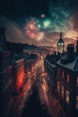 Firework display in the night sky over the city