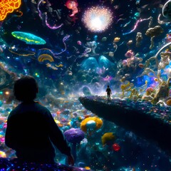 A man takes his first psychedelic trip to the center of the universe after consuming DMT. Amazing colorful space. LSD, DMT or psilocybin trip . Generative AI illustrations - obrazy, fototapety, plakaty