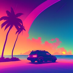 Fototapeta na wymiar a van is parked on the beach near a palm tree and a wave in the ocean at sunset with a pink and blue sky AI