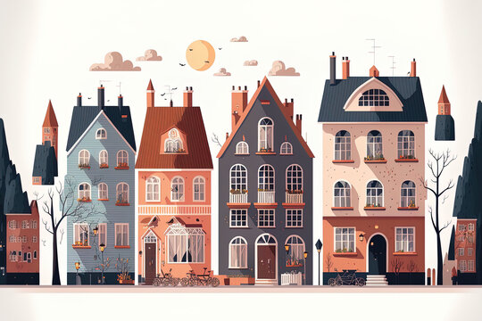 Cute homes and Scandinavian styled city structures. Warm townscape with Scandinavian style housing exteriors. urban street with smoke and chimneys. flat image set on a white backdrop. Generative AI