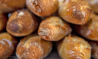 Stack of crispy baguettes at the bakery