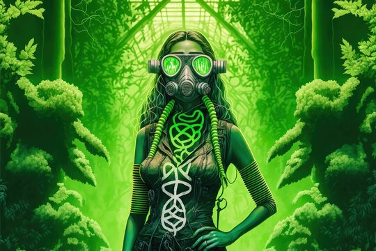 Neon Woman In A Gas Mask Standing In A Factory Overgrown With Plants