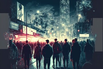 Night sci-fi landscape with people