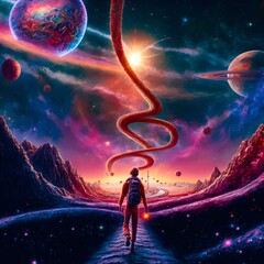 A man takes his first psychedelic trip to the center of the universe after consuming DMT. Amazing colorful space. LSD, DMT or psilocybin trip . Generative AI illustrations - obrazy, fototapety, plakaty