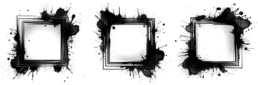 Black square frames with black paint ink grunge texture isolated on white background
