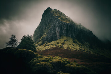 a low angle image of a big mountain covered with moss and shrouded in fog. Generative AI