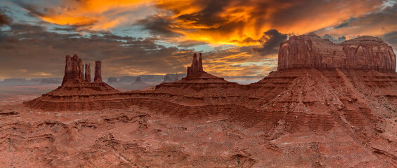 Aerial view of the Rock formations in the Monument valley. Landscape of Monument valley. Panoramic view. Navajo tribal park in Arizona, USA.