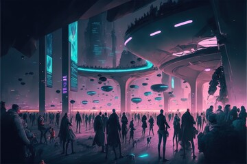 Night sci-fi landscape with people