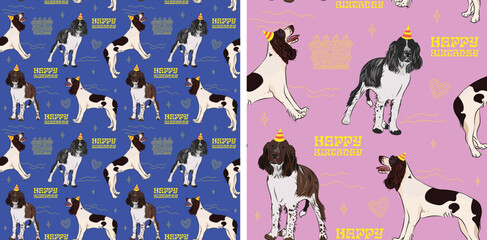 Fototapeta premium Happy Birthday Pattern with Springer Spaniel dog in a party hat, seamless texture.Repeatable tiles, wrapping paper, blue and pink background.Holiday wallpaper with line art cake and fancy elements.