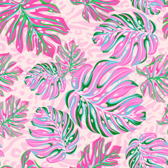 Modern exotic floral jungle pattern. Collage contemporary seamless pattern. Hand drawn cartoon style pattern.
