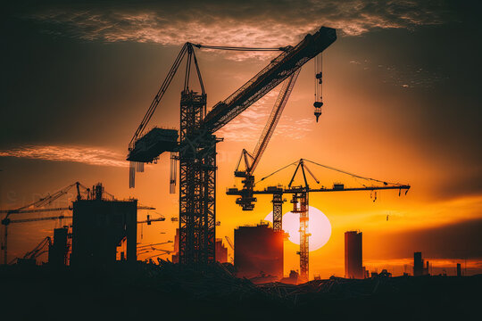 Cranes at a construction site against an orange morning sky. Large buildings are constructed on construction sites using steel frame structures and structural steel beams. construction equipment