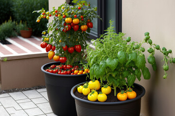vegetable farming in containers. Garden of vegetables on a patio. Black, yellow, red, and orange tomatoes are growing in a pot. Generative AI - obrazy, fototapety, plakaty