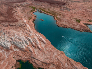 Aerial top view of lake Powell and Glen Canyon in Arizona. Lake Powell National Park Landscape.