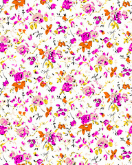 Fototapeta premium Seamless watercolor floral pattern - pink blush flowers elements, green leaves branches on dark black background; for wrappers, wallpapers, postcards, greeting cards, wedding invites, romantic events.