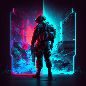 Neon Soldier: 3D Render of a Vibrant, Futuristic, Spacy Soldier (ai generated)