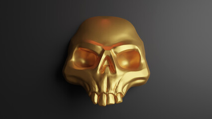 3d illustration of a gold skull on a dark background. Dark skeleton. Black  skull.