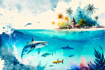 Fototapeta na wymiar Small tropical island in the middle of the ocean with palm trees and sharks underwater. Colorful watercolors illustration. Ai llustration, fantasy digital painting,artificial intelligence artwork