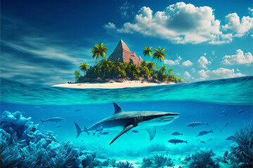 Fototapeta na wymiar Small tropical island in the middle of the ocean with palm trees and sharks underwater. Design template with underwater world. Ai llustration, fantasy digital painting,artificial intelligence artwork