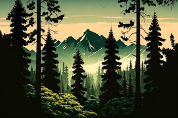beautiful mountains and pine trees. Generative AI
