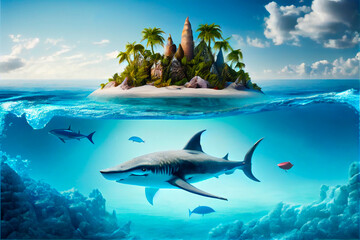 Fototapeta na wymiar Small tropical island in the middle of the ocean with palm trees and sharks underwater. Design template with underwater world. Ai llustration, fantasy digital painting,artificial intelligence artwork
