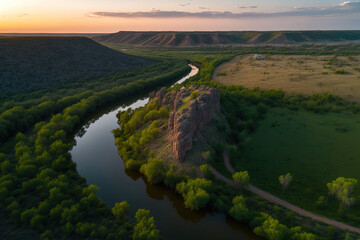 Aerial drone panorama of the Moldavian countryside at dusk. valleys, broad pastures, and a settlement. Generative AI