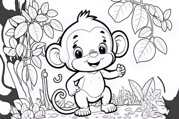 Fototapeta na wymiar Children's Coloring Book with Animal Characters. Cute little monkey. Generative AI